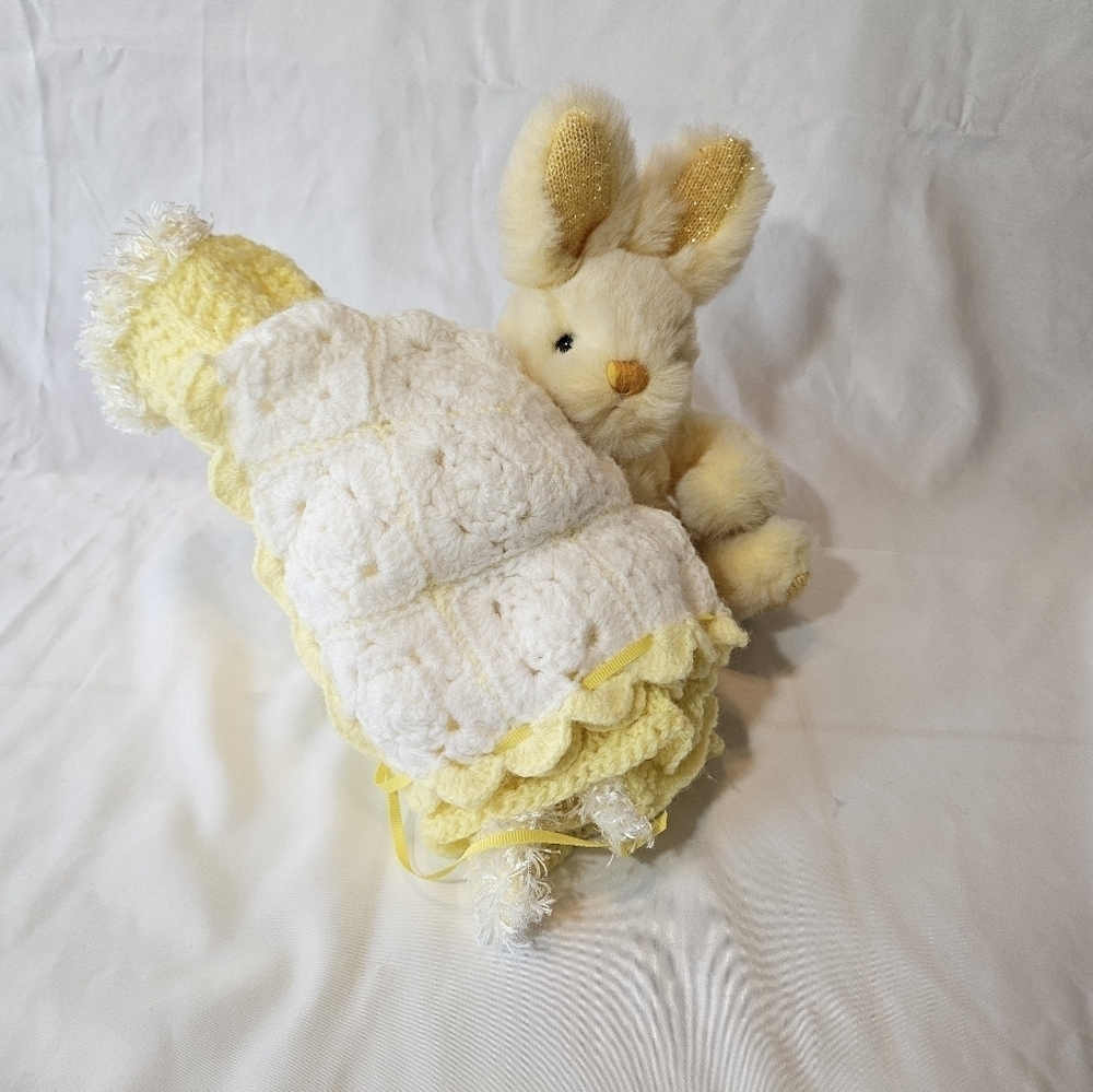 Hand Crafted Cardigan Crochet knit Set Yellow & white mesh lace knitting stitch - Picture 7 of 17